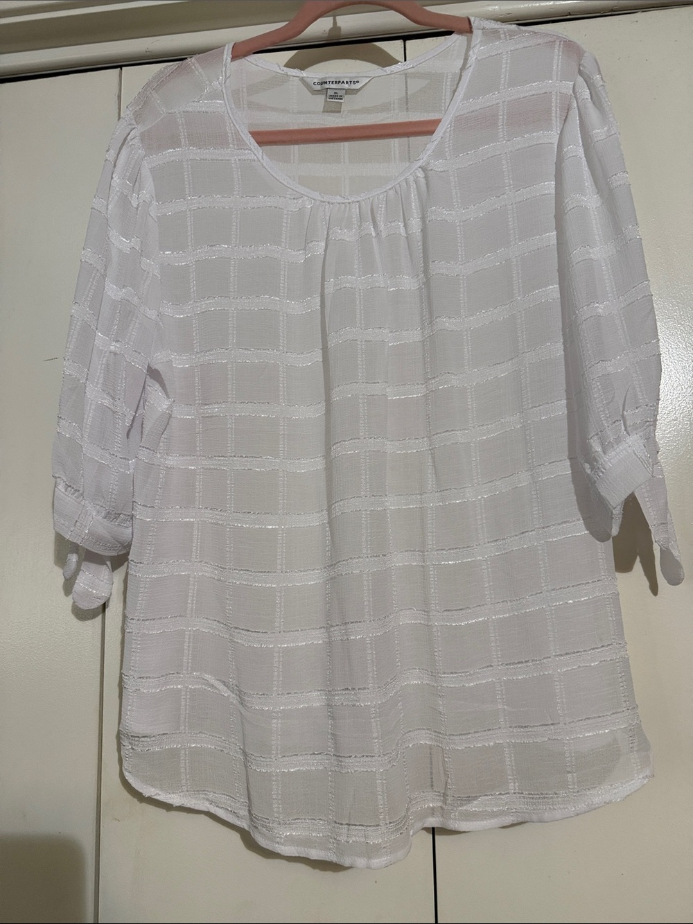 Counterparts White Windowpane Sheer Scoop-Neck Blouse